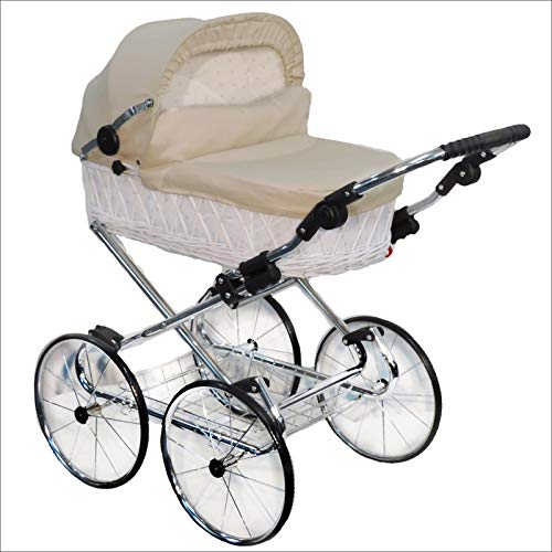 EICHHORN Kindewagen Korb Puppenwagen Retroklassiker (Korb Weiß, Stoff Beige) von EICHHORN Kinderwagen