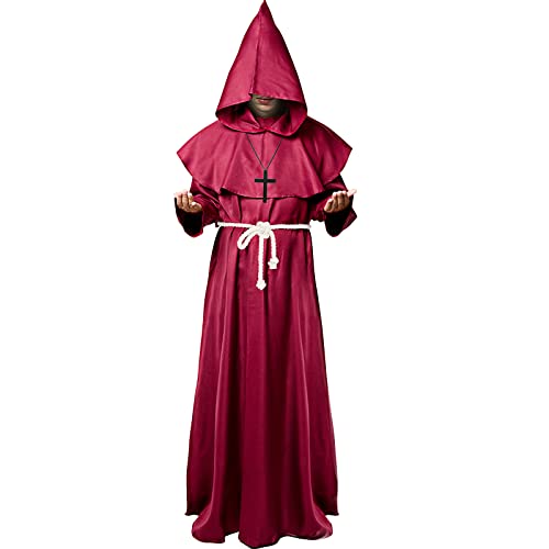 Friar Mittelalter Renaissance Priester Mönch Kapuzenmantel Halloween Kostüm Cosplay (XXL, Weinrot) von EIFFELT