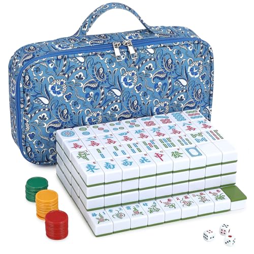Chinesisches Mahjong-Spielset mit 146 grünen Mahjong-Spielsteinen, 3,6 cm, amerikanisches Mahjong-Spielset mit blauer bedruckter Tragetasche (nur Fliesen, Regale nicht im Lieferumfang enthalten) von EIMEET