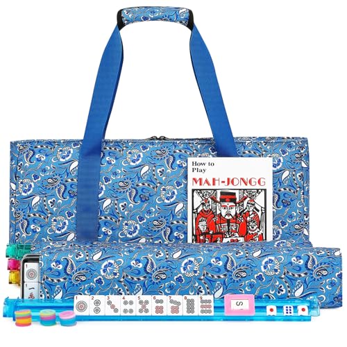 EIMEET Mahjong-Fliesen-Set, 166 hochwertige weiße Mahjong-Fliesen, 4 All-in-One-Farbregal/Drücker, amerikanisches Mahjong-Fliesen-Set mit blauer Blume bedruckter Tragetasche von EIMEET