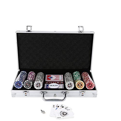 EINFEBEN Pokerkoffer Pokerchips 300 Chips Laser Poker 11.5 Gramm, 2 Karten, Händler, 5 Würfel, mit Aluminium-Gehäuse Silber Koffer von EINFEBEN