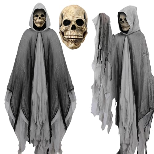 EJWCIG Halloween Sensenmann Kostüm, schwarzer Kapuzenumhang, mittelalterlicher Vintage-Umhang für Erwachsene, Cosplay, Requisiten mit Totenkopf-Maske (grau) von EJWCIG