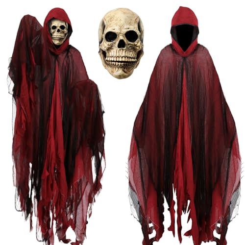 EJWCIG Halloween Sensenmann Kostüm, schwarzer Kapuzenumhang, mittelalterlicher Vintage-Umhang für Erwachsene, Cosplay, Requisiten mit Totenkopf-Maske (rot) von EJWCIG