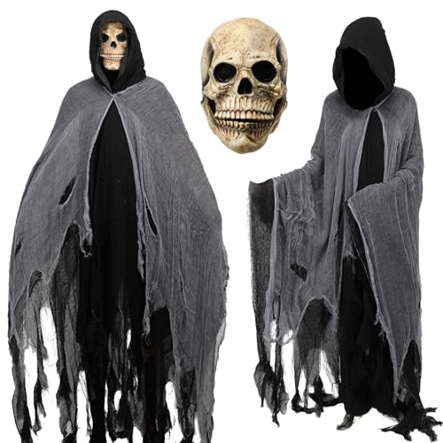 EJWCIG Halloween Sensenmann Kostüm, schwarzer Kapuzenumhang, mittelalterlicher Vintage-Umhang für Erwachsene, Cosplay, Requisiten mit Totenkopf-Maske (schwarz) von EJWCIG