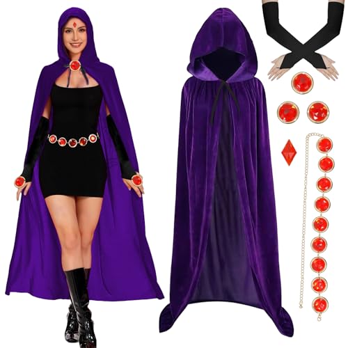 EJWCIG Raven Cosplay Kostüm für Damen, Titans, violetter Umhang und Gürtel, Set, Halloween, Cosplay-Outfit, Violett, L(150cm/59inch) von EJWCIG