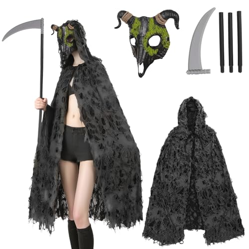 Sensenmann-Kostüm, Halloween, Horror-Umhang mit Kapuze für Herren, gruseliger Hakenumhang, Set mit Totenkopf-Maske, Halloween, Cosplay, Kostüm, Requisiten, Schwarz Sensenmann-Kostüm, Halloween, Horror-Umhang mit Kapuze für Herren, gruseliger Hakenumhang, Set mit Totenkopf-Maske, Halloween, Cosplay, Kostüm, Requisiten, Schwarz von EJWCIG