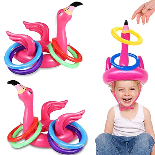 EKKONG 2 Flamingo Aufblasbar Wurfspiel, Ringwurfspiel Kinder, Wurfspiel Partyhüte, Pool Spielzeug Kinder mit 8Stk Werfen Ringe Spielzeug, Outdoor Spiele für Hawaii Sommer Party Hochzeit Geburtstag von EKKONG