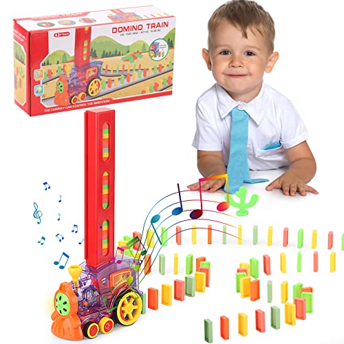 EKKONG Domino Zug Spielzeug Set, Elektrischer Zug Domino, Automatischer Domino Zug mit 100PCS Domino Blöcken, Kinder Elektronische Zug mit Ton und Licht, Pädagogisches Spielzeug Geschenk von EKKONG