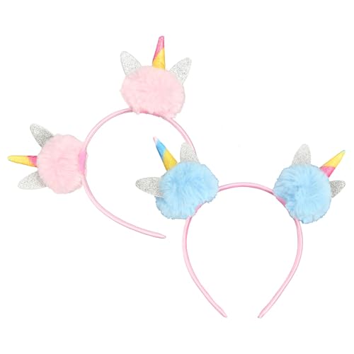 EKKONG Einhorn Haarschmuck, Haarreif Party, Pompom Ball Einhorn Stirnbänder, Haarreif Mädchen, 2 Stück, 2 Farben, Perfekt für Kindergeburtstag, Halloween, Cosplay Kostüme von EKKONG