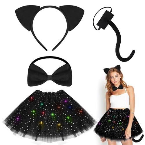 EKKONG Katzenkostüm Damen, 4 Stück Halloween Kostüm Damen Katze, Katzen Kostüm Mädchen Set mit Katzenohren Haarreif, Katzenschwanz, Schwarz Tutu, Fliege, für Halloween Karneval Cosplay EKKONG Katzenkostüm Damen, 4 Stück Halloween Kostüm Damen Katze, Katzen Kostüm Mädchen Set mit Katzenohren Haarreif, Katzenschwanz, Schwarz Tutu, Fliege, für Halloween Karneval Cosplay von EKKONG