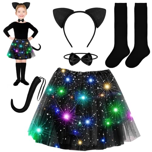 EKKONG Katzenkostüm Kinder Mädchen 5 Stück Katzen Kostüme für Kind Cat Costume Kids Faschingskostüm Katze Mädchen Tütü mit LED Ohren Tail Kragen Overknee-Socken Kostüm Katze von EKKONG