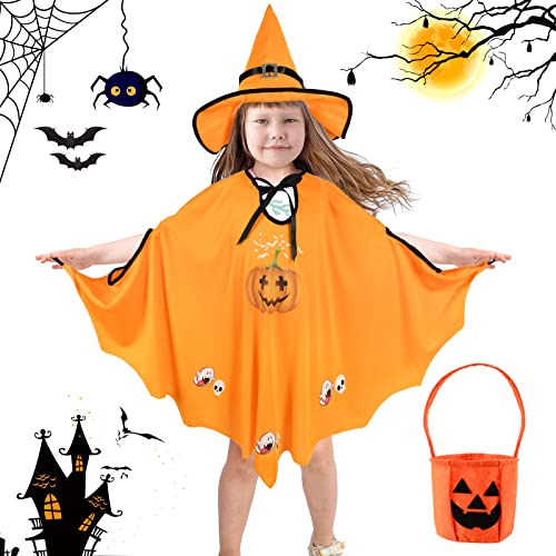 EKKONG Kürbis Kostüm Kinder, Halloween Umhang Fledermaus Hexe Umhang mit Hut, Süßigkeiten Tasche Mädchen Cosplay für Halloween, Fasching, Karneval, Bühnenperformance,Themenparty EKKONG Kürbis Kostüm Kinder, Halloween Umhang Fledermaus Hexe Umhang mit Hut, Süßigkeiten Tasche Mädchen Cosplay für Halloween, Fasching, Karneval, Bühnenperformance,Themenparty von EKKONG