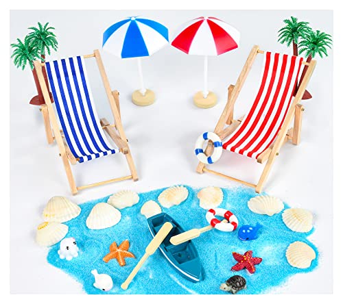 EKKONG Miniatur Deko, Strand Deko Mikrolandschaft Puppenhaus Zubehör Miniatur Möbel Dekoration Ornament Set Strandkorb, Sonnenschirm, Palme, Boot, Schwimmring, Blauer Sand, Meerestie von EKKONG