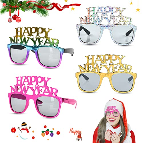 EKKONG Silvester Brillen, Frohes Neues jahr Brillen 2024 Happy New Year Partybrille 4 Stück für Silvester Party, Neujahrsdeko, Foto Requisiten, Party Mitgebsel von EKKONG