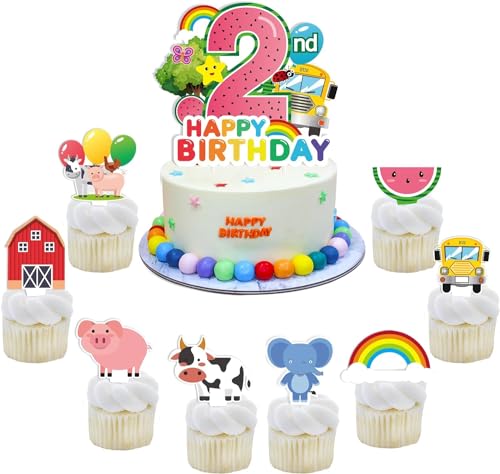 EKKONG Bauernhof Tortendeko, Farm Cake Topper 2 Jahre Geburtstag Cartoon Kuchen Deko - 1 Stück Kuchendeko, 24 Stück Cupcake Topper für Kinder Geburtstags Cartoon-Themenparty von EKKONG