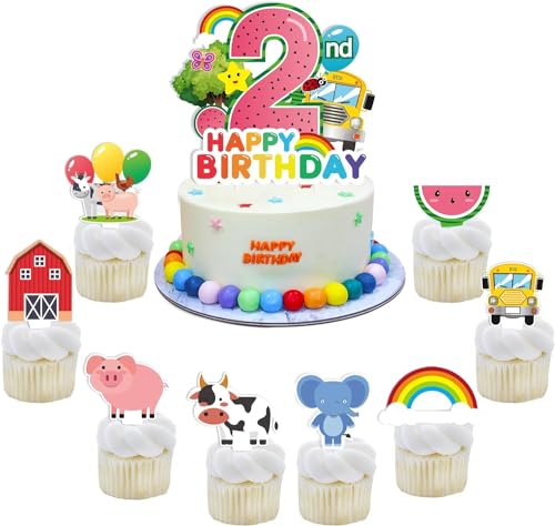 EKKONG Tortendeko Cartoon Wassermelone Bauernhof, Cake Topper 2 Geburtstag Kuchen Deko - 1 Stück Kuchendeko, 24 Stück Cupcake Topper für Kinder Geburtstags Cartoon-Themenparty von EKKONG