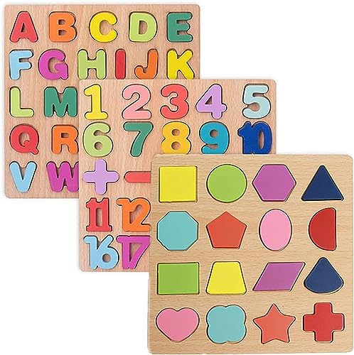 Holzpuzzle Kinder Steckpuzzle Holz Greifpuzzle 3 Stück Puzzle - Zahlen Buchstaben Grafiken ab 3+ Jahre Kinder Spielzeug für frühes Lernen Bildungsspiele von EKKONG