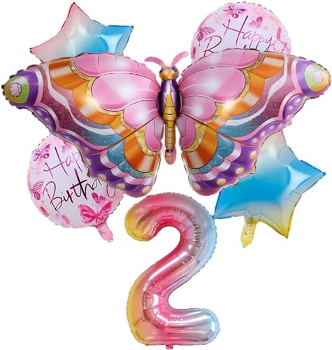Schmetterling Luftballon, Schmetterlinge Deko Geburtstag Mädchen Folienballon Geburtstagsdeko Kinder - 1 Schmetterlingsballon, 2 Runde Ballons, 2 Sternballons, 1 Nummer Ballon 1/2/3 Jahre von EKKONG