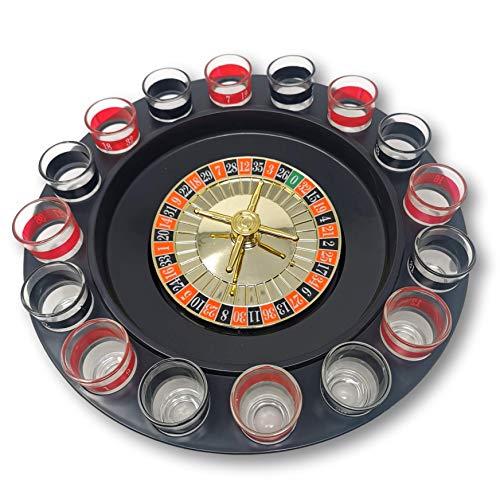 EKNA® Trinkspiele (Roulette Set) Trinkspiel-Roulette - Party Zubehör - Drinking Game Roulette - Roulette Scheibe mit 2X 8 Roulette Schnaps Gläsern von EKNA