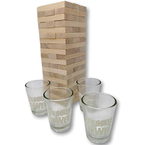 EKNA Spiel Wackelturm - Drunken Tower - Lustige Trinkspiele für Erwachsene - Tipsy Tower - Holzturm Wackelturm - Trinkspiel Party auf Englisch (2-6 Personen) von EKNA