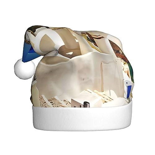 EKYOSHCZ Santorini Griechische Insel Meerblick Weihnachtsmann Hut für Erwachsene Weihnachtsmütze Xmas Urlaub Hut für Neujahr Party Supplies von EKYOSHCZ
