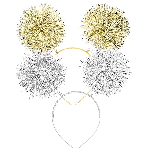 ELAYARD 2 Stück Bunte Lametta Pompom Haarreife Wiederverwendbare Leichte Stirnbänder für Frauen Vielseitig für Geburtstage Partys und Festivals Silber und Gold Auffälliger Kopfschmuck von ELAYARD