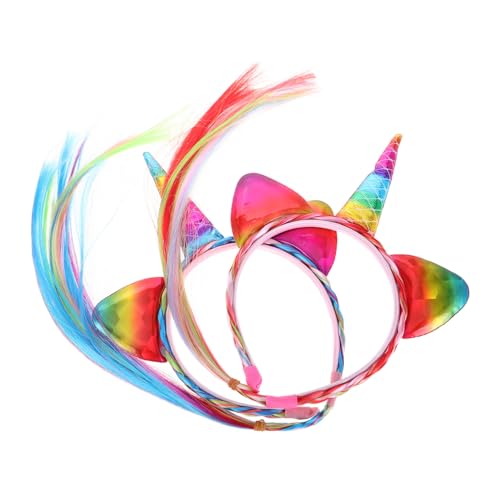 ELAYARD 2 Stück Einhorn Stirnband mit Bunten Zöpfen Bequemes Kunstleder Sicherer Sitz für Erwachsene Geeignet für Einhorn Kostüm Karneval Halloween und Geburtstagsfeier von ELAYARD