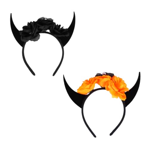 ELAYARD 2 Stück Teufelshörner Haarreif Halloween Kostüme Teiliges Skull Horn Headwear mit Realistischen Hörnern und Blumen für Damen Party Karneval Fest von ELAYARD