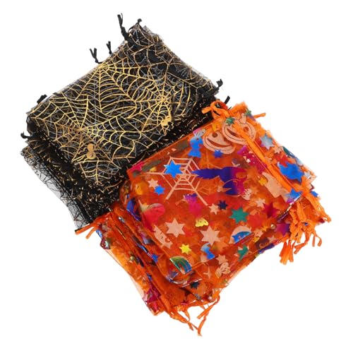 ELAYARD 60 Stück Teiliges Halloween Geschenktüten aus Organza mit Spinnen Kürbis-motiv Transparente Mesh Süßigkeitentüten mit Zugband Vielseitig für Partygeschenke Snacks Trick--treating von ELAYARD