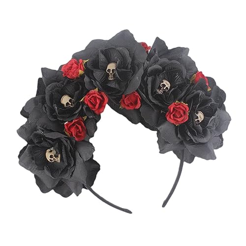 ELAYARD Halloween Haarschmuck Blumiges Haarband mit Rosen und Totenkopf Design Leichtes Bequemes Party Stirnband für Damen Halloween Kostüm und Festtags Accessoire von ELAYARD