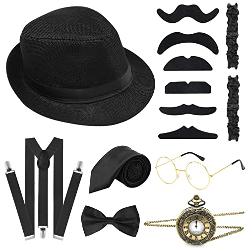 ELECLAND 10-teiliges 1920er Jahre Herren Kostümzubehör Set Roaring Retro Gangster Kostüm, Hut, Fliege, Taschenuhr, Hosenträger, Brille, Bart, Armband, Strumpfbänder, Taschenuhr (Black) von ELECLAND