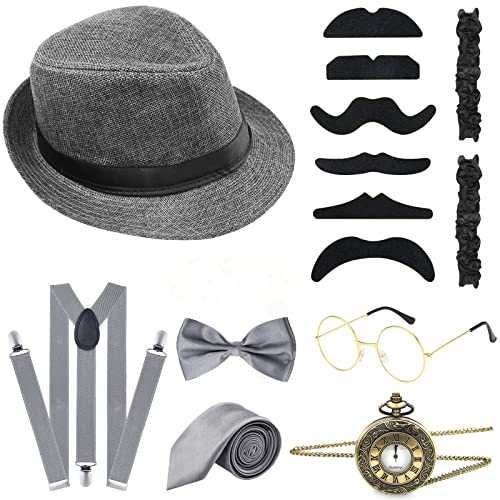 ELECLAND 10-teiliges 1920er Jahre Herren Kostümzubehör Set Roaring Retro Gangster Kostüm, Hut, Fliege, Taschenuhr, Hosenträger, Brille, Bart, Armband, Strumpfbänder, Taschenuhr (Gray) von ELECLAND