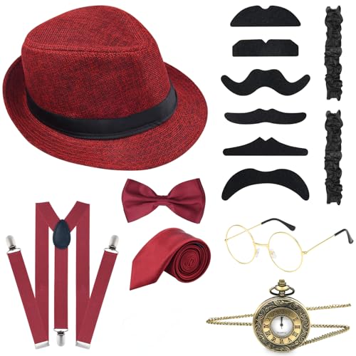 ELECLAND 10-teiliges 1920er Jahre Herren Kostümzubehör Set Roaring Retro Gangster Kostüm, Hut, Fliege, Taschenuhr, Hosenträger, Brille, Bart, Armband, Strumpfbänder, Taschenuhr (Wine Red) von ELECLAND