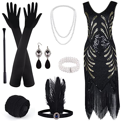 ELECLAND 1920er V-Ausschnitt Pailletten Perlen Fransenkleid mit 20er Accessoires Set (Black, Medium) von ELECLAND