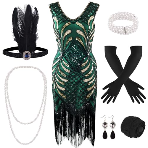 ELECLAND 1920s V Neck Sequin Beaded Fringed Dress with 20s Accessories Set(Green,M) von ELECLAND