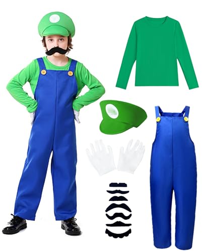 ELEGAWHISPR Halloween-Kostüm für Kinder, Klempner, Overall mit Hut, Handschuhen, Schnurrbart, Cosplay-Zubehör-Set (Grün, Größe XS) von ELEGAWHISPR