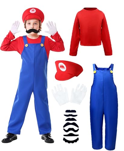 ELEGAWHISPR Halloween-Kostüm für Kinder, Klempner Jumpsuit mit Hut, Handschuhen und Schnurrbart, Kostümzubehör-Set (Rot, XL) von ELEGAWHISPR