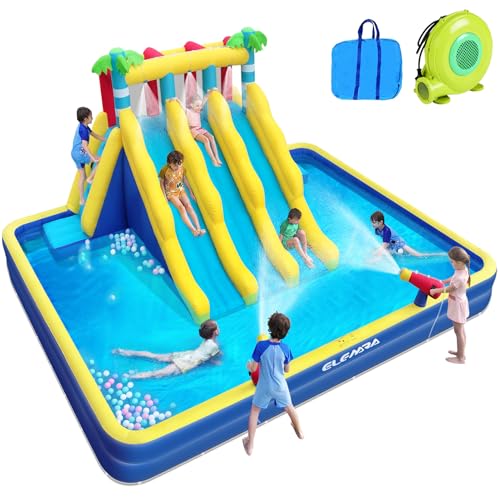 ELEMARA Aufblasbare Wasserrutsche für große Kinder mit großem doppelschichtigem Pool, 60 x 40 cm, Wasserpark für Kinder, Hinterhof mit 3 extra langen Rutschen, Kletterwand, 2 Wasserkanonen von ELEMARA