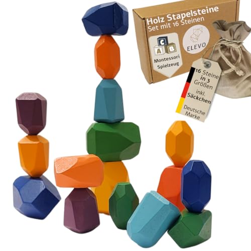 ELEVO Stapelsteine aus Holz (Bunt), Set mit 16 Steinen inkl. Aufbewahrungssäckchen, Montessori Holzspielzeug, Kinderspielzeug, Baby Spielzeug, Bausteine, Bauklötze, Lernspielzeug, Holzstapelsteine von ELEVO