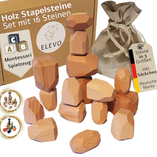 ELEVO nachhaltiges Motorikspielzeug aus Holz, 16 Stapelsteine (Natur) ab 3 Jahren, inkl. Aufbewahrungssäckchen, Montessori Holzspielzeug, Kinderspielzeug, Baby Spielzeug, Bausteine, Lernspielzeug von ELEVO