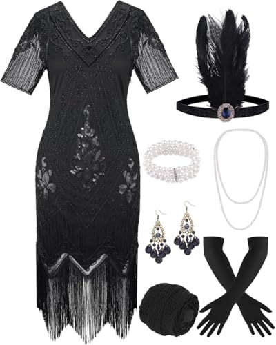 ELFIN 20er Damen Flapper Kleid Mit Fransen Und Pailletten - 1920er Party Kostüm Mit Stirnband, Kopfbedeckung, Langen Schwarzen Handschuhen, Halskette - Größe L, Schwarz ELFIN 20er Damen Flapper Kleid Mit Fransen Und Pailletten - 1920er Party Kostüm Mit Stirnband, Kopfbedeckung, Langen Schwarzen Handschuhen, Halskette - Größe L, Schwarz von ELFIN