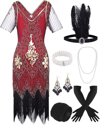 ELFIN 20er Dresses Flapper Kleid Damen Fransen Pailletten Kleid 20er Party Kleid Accessoires 1920er Kostüm Kleider mit Stirnband, Kopfbedeckung, langen schwarzen Handschuhen, Halskette, M, Rot Gold ELFIN 20er Dresses Flapper Kleid Damen Fransen Pailletten Kleid 20er Party Kleid Accessoires 1920er Kostüm Kleider mit Stirnband, Kopfbedeckung, langen schwarzen Handschuhen, Halskette, M, Rot Gold von ELFIN