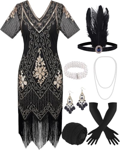 ELFIN 20er Dresses Flapper Kleid Damen Fransen Pailletten Kleid 20er Party Kleid Accessoires 1920er Kostüm Kleider mit Stirnband, Kopfbedeckung, langen schwarzen Handschuhen, Halskette, XL, Black Gold ELFIN 20er Dresses Flapper Kleid Damen Fransen Pailletten Kleid 20er Party Kleid Accessoires 1920er Kostüm Kleider mit Stirnband, Kopfbedeckung, langen schwarzen Handschuhen, Halskette, XL, Black Gold von ELFIN