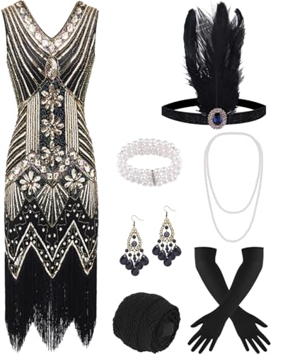ELFIN 20er Dresses Flapper Kleid Damen Pailletten Fransen Cocktailkleid 20er Party Kleid 1920er Accessoires mit Stirnband, Kopfbedeckung, langen schwarzen Handschuhen, Halskette, M, Schwarz-G von ELFIN