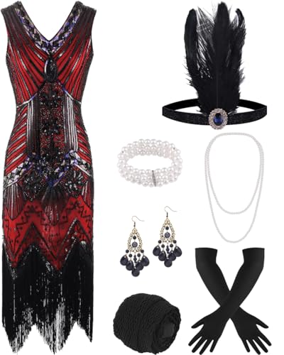 ELFIN 20er Dresses Flapper Kleid Damen Pailletten Fransen Cocktailkleid 20er Party Kleid 1920er Accessoires mit Stirnband, Kopfbedeckung, langen schwarzen Handschuhen, Halskette, M, Schwarz-R ELFIN 20er Dresses Flapper Kleid Damen Pailletten Fransen Cocktailkleid 20er Party Kleid 1920er Accessoires mit Stirnband, Kopfbedeckung, langen schwarzen Handschuhen, Halskette, M, Schwarz-R von ELFIN