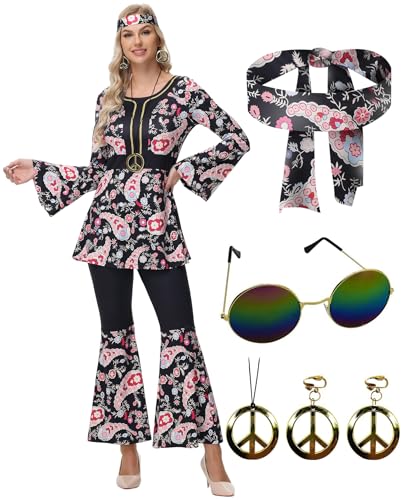 ELFIN 60er 70er Hippie Kostüm Damen Set, Hippie Kleidung Accessoires mit Hippie Oberteil Schlaghose, Brille, Haarband, Halskette, Ohrringen, Disco-Outfit Damen Karneval Mottoparty Halloween, Black, XL ELFIN 60er 70er Hippie Kostüm Damen Set, Hippie Kleidung Accessoires mit Hippie Oberteil Schlaghose, Brille, Haarband, Halskette, Ohrringen, Disco-Outfit Damen Karneval Mottoparty Halloween, Black, XL von ELFIN