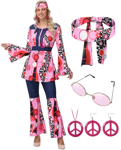 ELFIN 60er 70er Hippie Kostüm Damen Set, Hippie Kleidung Accessoires mit Hippie Oberteil Schlaghose, Brille, Haarband, Halskette, Ohrringen, Disco-Outfit Damen Karneval Mottoparty Halloween, Pink, L ELFIN 60er 70er Hippie Kostüm Damen Set, Hippie Kleidung Accessoires mit Hippie Oberteil Schlaghose, Brille, Haarband, Halskette, Ohrringen, Disco-Outfit Damen Karneval Mottoparty Halloween, Pink, L von ELFIN
