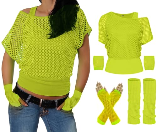 ELFIN 80er 90er Jahre Outfit Damen, Netzshirt, Tank top, Beinwärmer, Netzhandschuhe, 80er Jahre Netzoberteil Damen Tops Neon Shirt, 80er Kostüm Aerobic Kleidung Mottoparty Accessoires, Neongrün, L ELFIN 80er 90er Jahre Outfit Damen, Netzshirt, Tank top, Beinwärmer, Netzhandschuhe, 80er Jahre Netzoberteil Damen Tops Neon Shirt, 80er Kostüm Aerobic Kleidung Mottoparty Accessoires, Neongrün, L von ELFIN