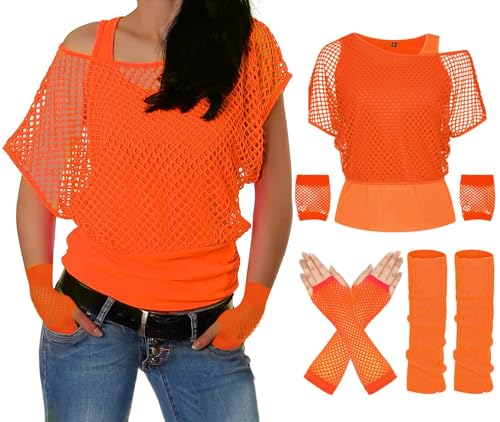 ELFIN 80er 90er Jahre Outfit Damen, Netzshirt, Tank top, Beinwärmer, Netzhandschuhe, 80er Jahre Netzoberteil Damen Tops Neon Shirt, 80er Kostüm Aerobic Kleidung Mottoparty Accessoires, Orange, XXL ELFIN 80er 90er Jahre Outfit Damen, Netzshirt, Tank top, Beinwärmer, Netzhandschuhe, 80er Jahre Netzoberteil Damen Tops Neon Shirt, 80er Kostüm Aerobic Kleidung Mottoparty Accessoires, Orange, XXL von ELFIN