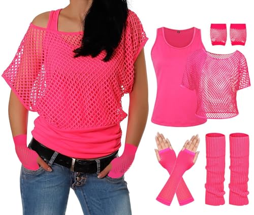 ELFIN 80er 90er Jahre Outfit Damen, Netzshirt, Tank top, Beinwärmer, Netzhandschuhe, 80er Jahre Netzoberteil Damen Tops Neon Shirt, 80er Kostüm Aerobic Kleidung Mottoparty Accessoires, Pink, L ELFIN 80er 90er Jahre Outfit Damen, Netzshirt, Tank top, Beinwärmer, Netzhandschuhe, 80er Jahre Netzoberteil Damen Tops Neon Shirt, 80er Kostüm Aerobic Kleidung Mottoparty Accessoires, Pink, L von ELFIN